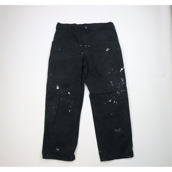Vintage Carhartt Mens 36x32 Thrashed Wide Leg Dungaree Fit Canvas Pants Black - Picture 1 of 12